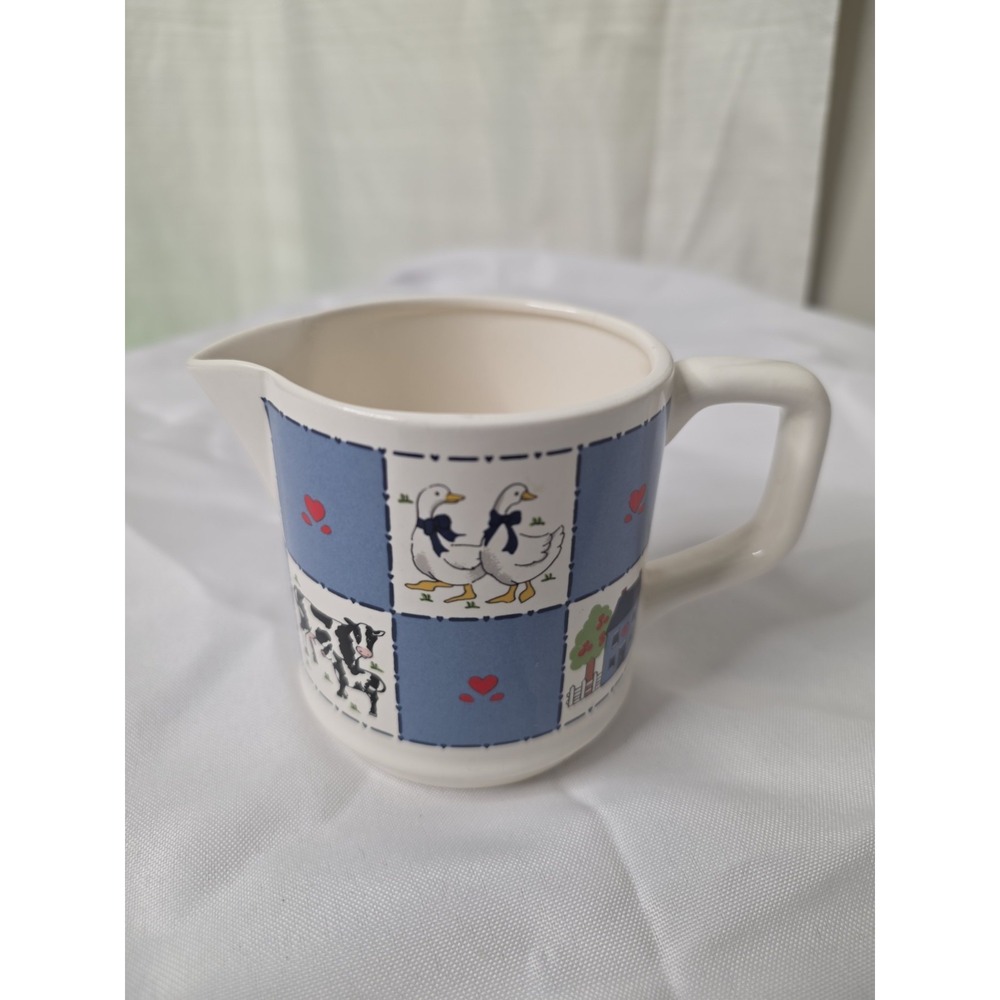 Japan Ceramic Creamer Pitcher Blue White Farm Animal Patchwork Glossy Handle